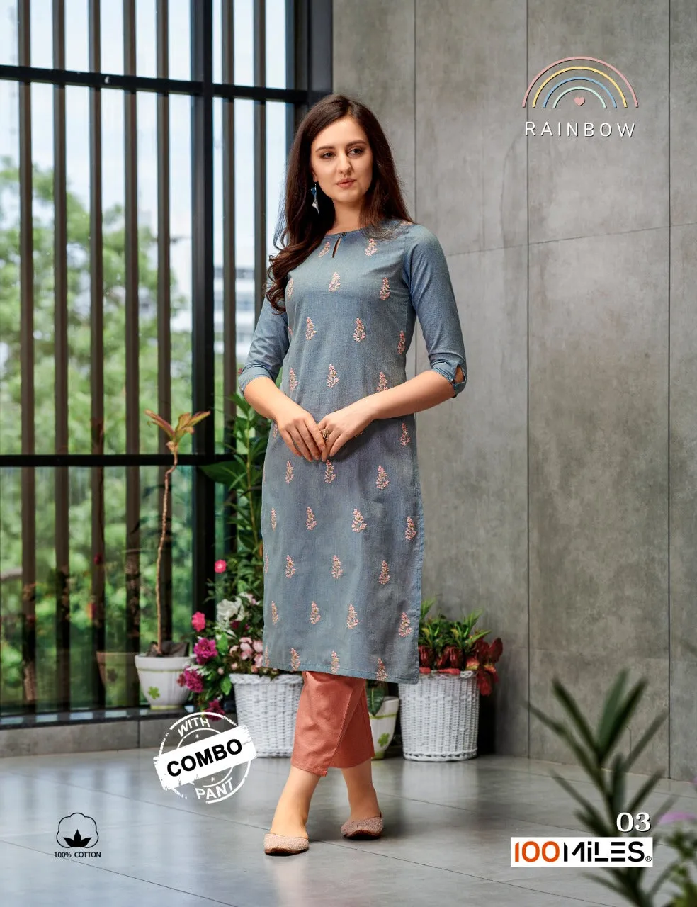 100 Miles Launched Rainbow Cotton Embroidery Work Casual Wear Kurtis Collection