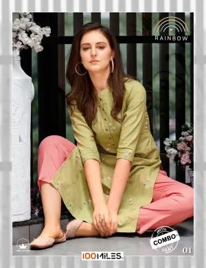 100 Miles Launched Rainbow Cotton Embroidery Work Casual Wear Kurtis Collection