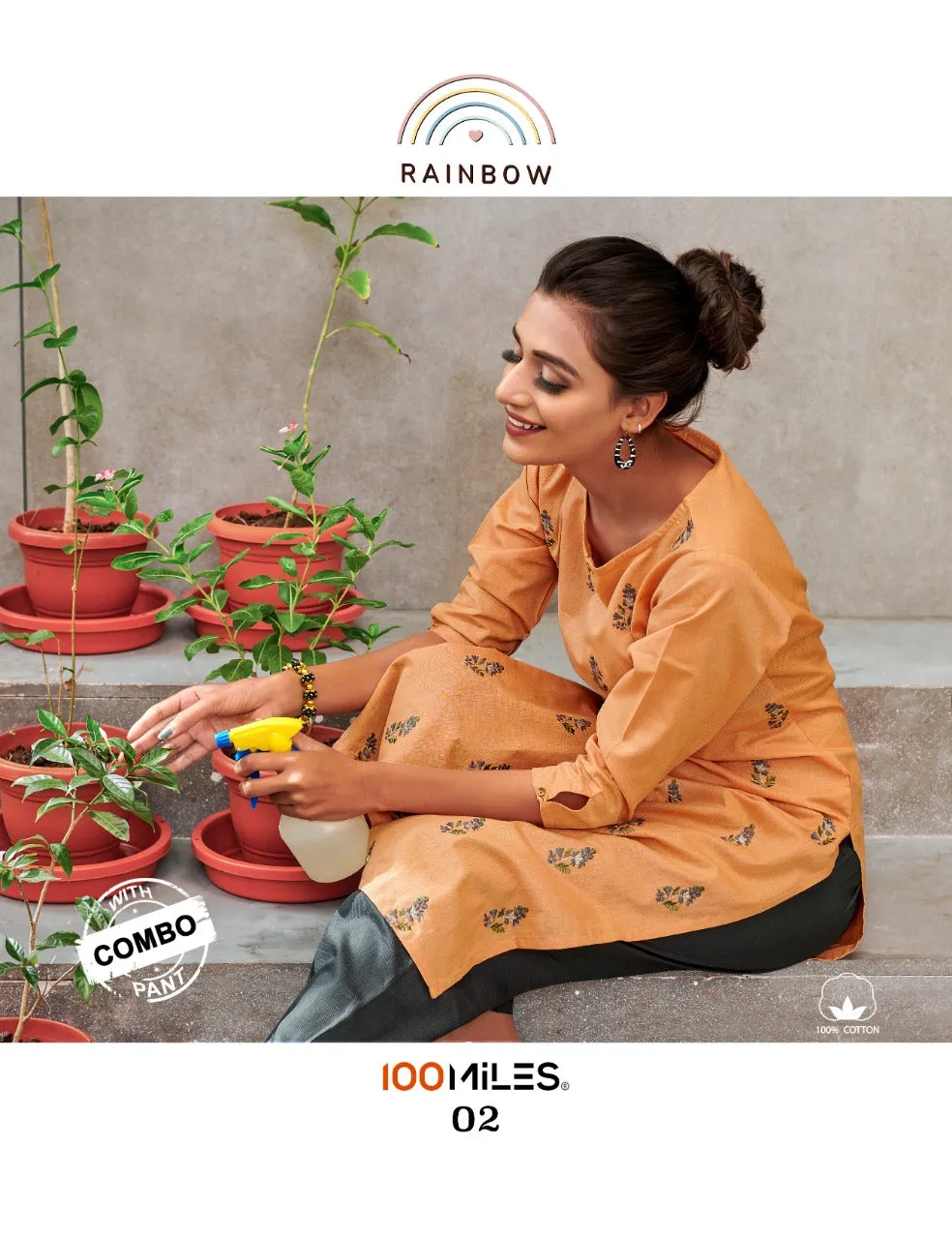 100 Miles Launched Rainbow Cotton Embroidery Work Casual Wear Kurtis Collection