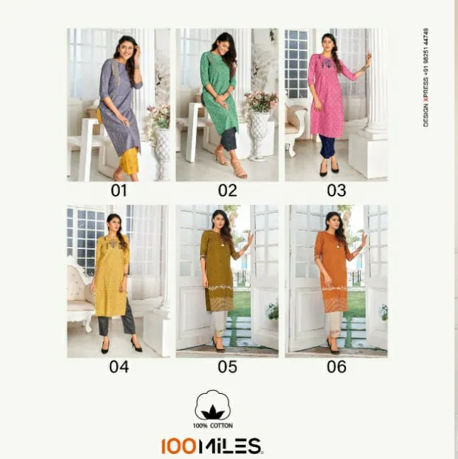 100 Miles Presents Vibrant Cotton Embroidery Work Casual Wear Kurtis Collection
