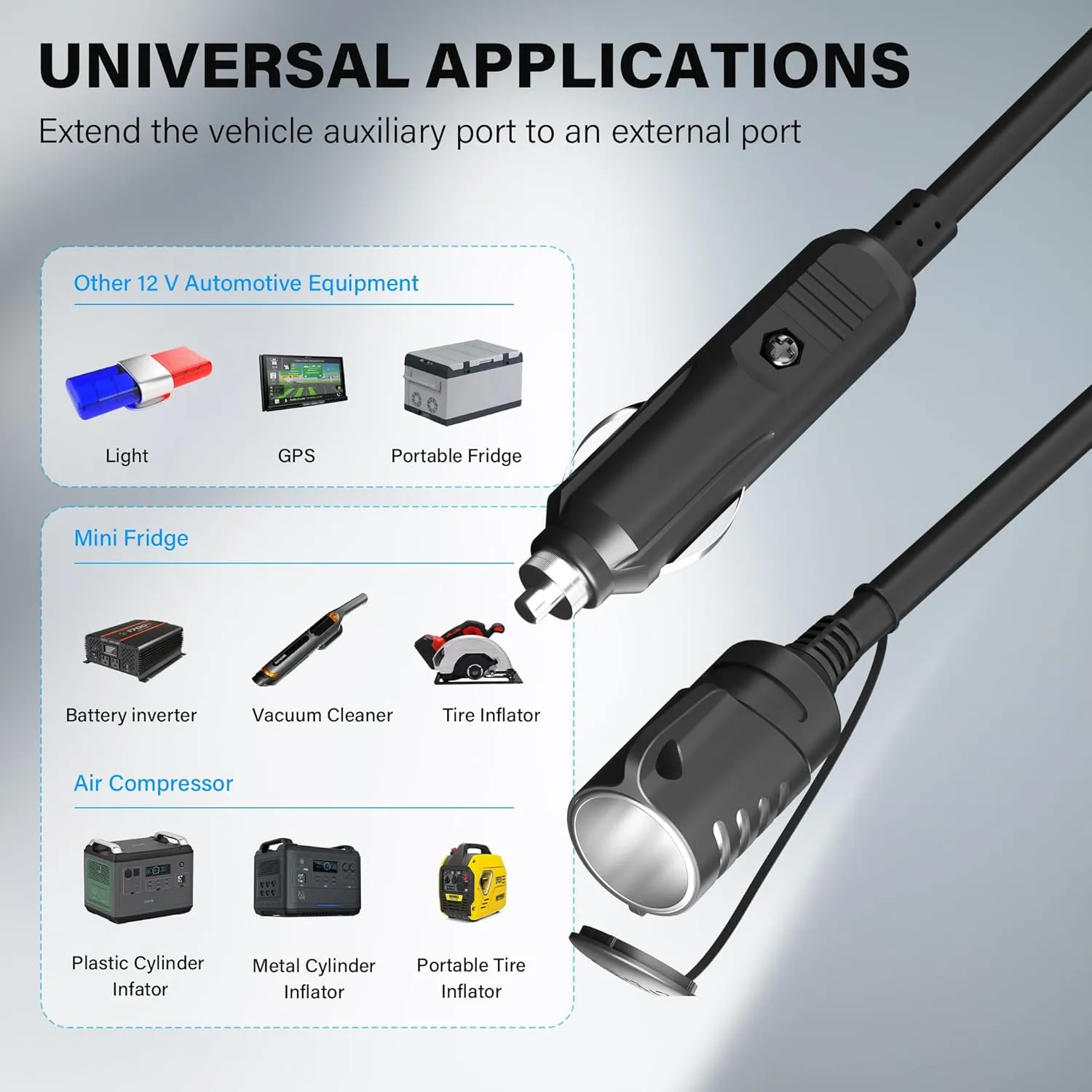 12V/24V Car Cigarette Lighter Extension Cord 10 FT, Car Plug Splitter Adapter 16AWG Extension Wire with Spare Fuse,Waterproof Cover and Hanging Hole,for Car Inverter/Air Pump/car Refrigerator