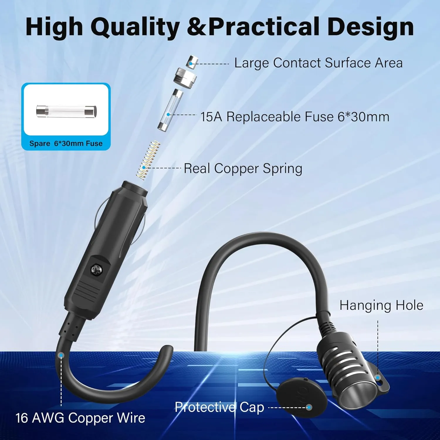 12V/24V Car Cigarette Lighter Extension Cord 15 FT, Car Plug Splitter Adapter 16AWG Extension Wire with Spare Fuse,Waterproof Cover and Hanging Hole,for Car Inverter/Air Pump/car Refrigerator