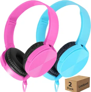 2 Pack Kids Headphones for School Classroom K-12, Swivel Foldable, HD Stereo, 3.5mm Jack Wired Headphones for Kids Children Student (Blue Pink)