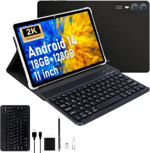 2025 Latest 11 inch 2K Tablet with Keyboard Android 14 2000x1200 2 in 1 Tablets PC, T616 Octa Core, 18GB RAM 128GB ROM, 5 5 13MP Camera, 9000mAh Battery 4 Speakers, 5G WiFi, with Case, Stylus - Gray