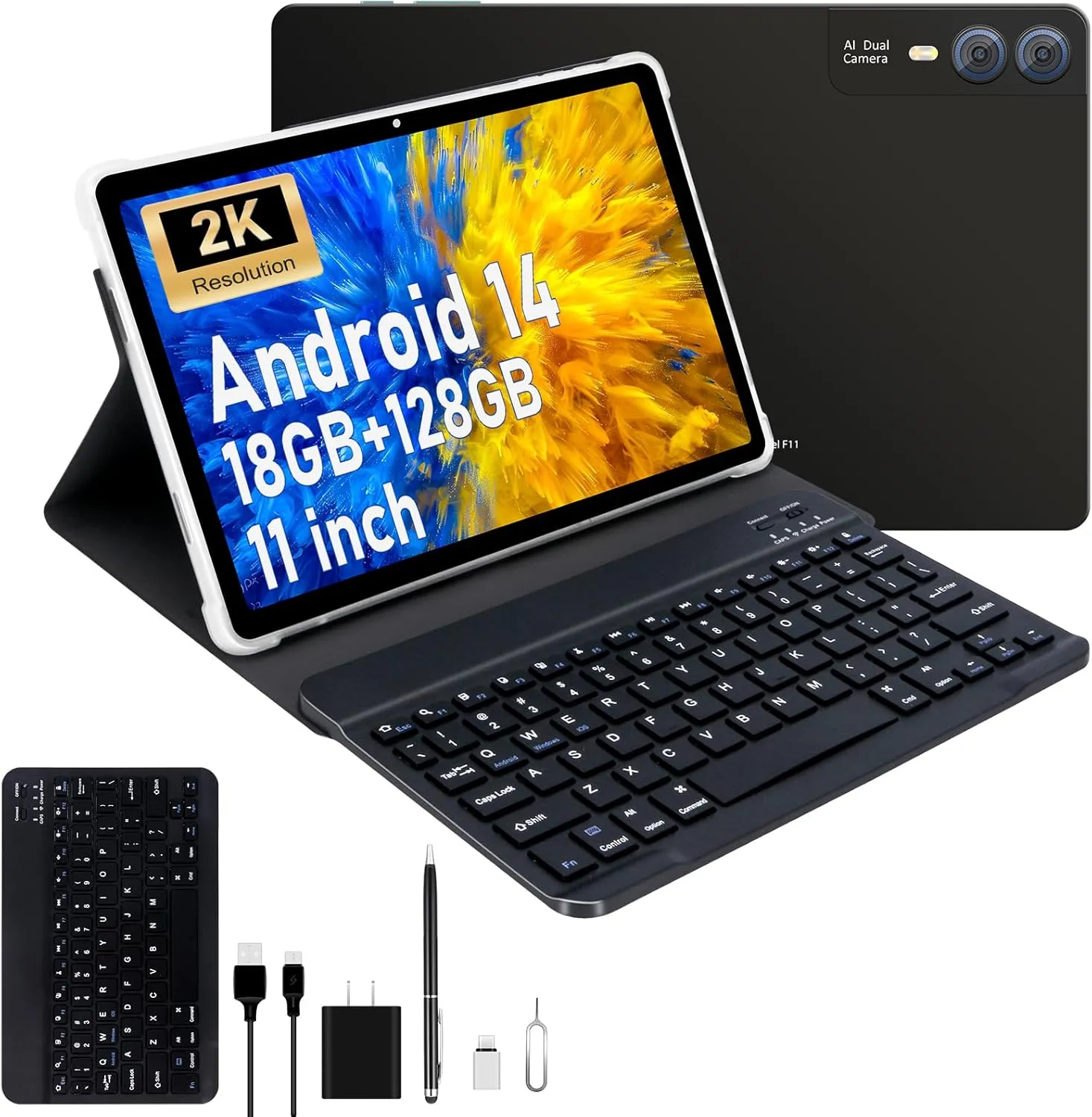 2025 Latest 11 inch 2K Tablet with Keyboard Android 14 2000x1200 2 in 1 Tablets PC, T616 Octa Core, 18GB RAM 128GB ROM, 5 5 13MP Camera, 9000mAh Battery 4 Speakers, 5G WiFi, with Case, Stylus - Gray
