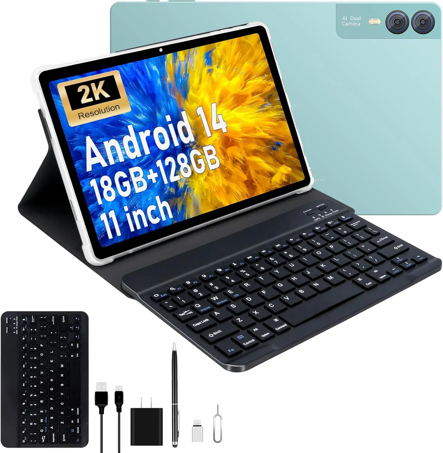 2025 Latest 11 inch 2K Tablet with Keyboard Android 14 2000x1200 2 in 1 Tablets PC, T616 Octa Core, 18GB RAM 128GB ROM, 5 5 13MP Camera, 9000mAh Battery 4 Speakers, 5G WiFi, with Case, Stylus - Green