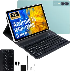2025 Latest 11 inch 2K Tablet with Keyboard Android 14 2000x1200 2 in 1 Tablets PC, T616 Octa Core, 18GB RAM 128GB ROM, 5 5 13MP Camera, 9000mAh Battery 4 Speakers, 5G WiFi, with Case, Stylus - Green