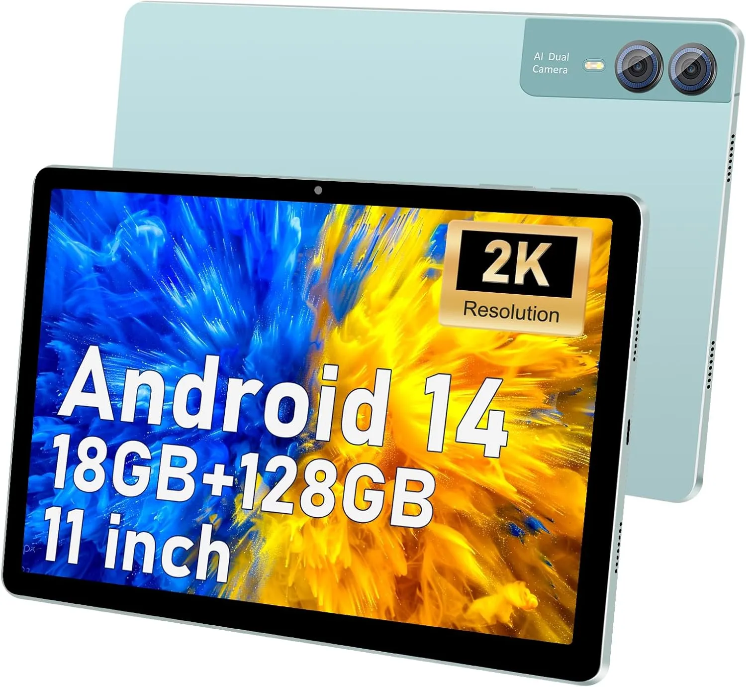 2025 Latest 11 inch 2K Tablet with Keyboard Android 14 2000x1200 2 in 1 Tablets PC, T616 Octa Core, 18GB RAM 128GB ROM, 5 5 13MP Camera, 9000mAh Battery 4 Speakers, 5G WiFi, with Case, Stylus - Green