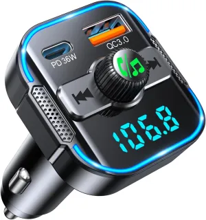 2025 Upgrade Bluetooth 5.3 Car AdapterPD 36W QC3.0 18W, 2-in-1 FM Transmitter Dual Stronger Mics& Fast Car Charger, Wireless FM Radio Adapter Hands-Free Call, Siri Assistant