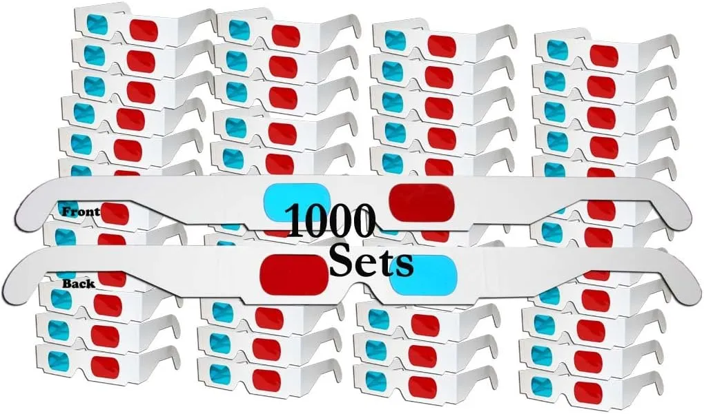 3D Red/Cyan Anaglyph Cardboard Glasses -1000 Pair Unfolded - White Frame
