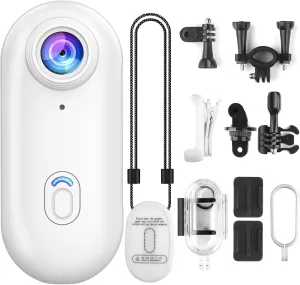 4K Mini WIFI Action Camera Thumb POV Portable Necklace Body Cam Wearable Video Recorder with 100ft Waterproof Underwater Camcorder, Helmet Mount, Magnetic Sport DV for Cycling, Pet, Diving (White)