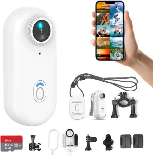 64GB FHD 1080P Mini Body Camera, Wearable Action Body Cam, Thumb Size Hands Free Recording Body Worn Camera, Premium Portable Camcorder Mount Anywhere for Pet Walking, Work, Travel with WiFi (White)