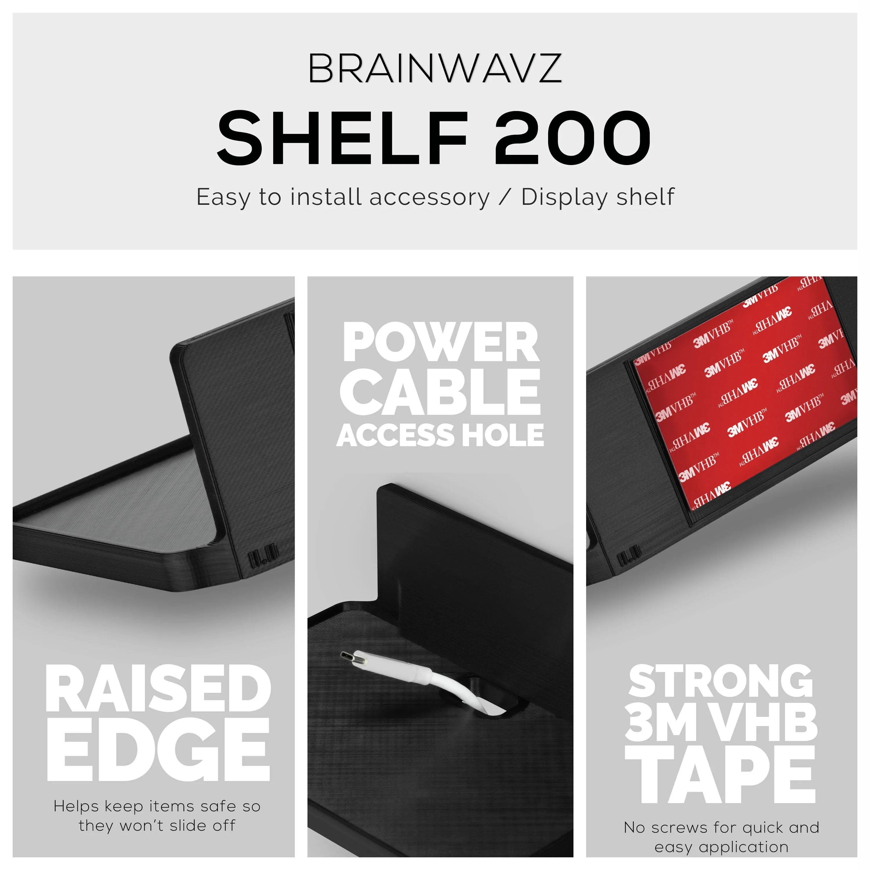 6.7" Wide Floating Adhesive Shelf (200) w/ Cable Access for Cameras, Baby Monitors, Plants & More (172mm x 105mm / 6.7 x 4.1)