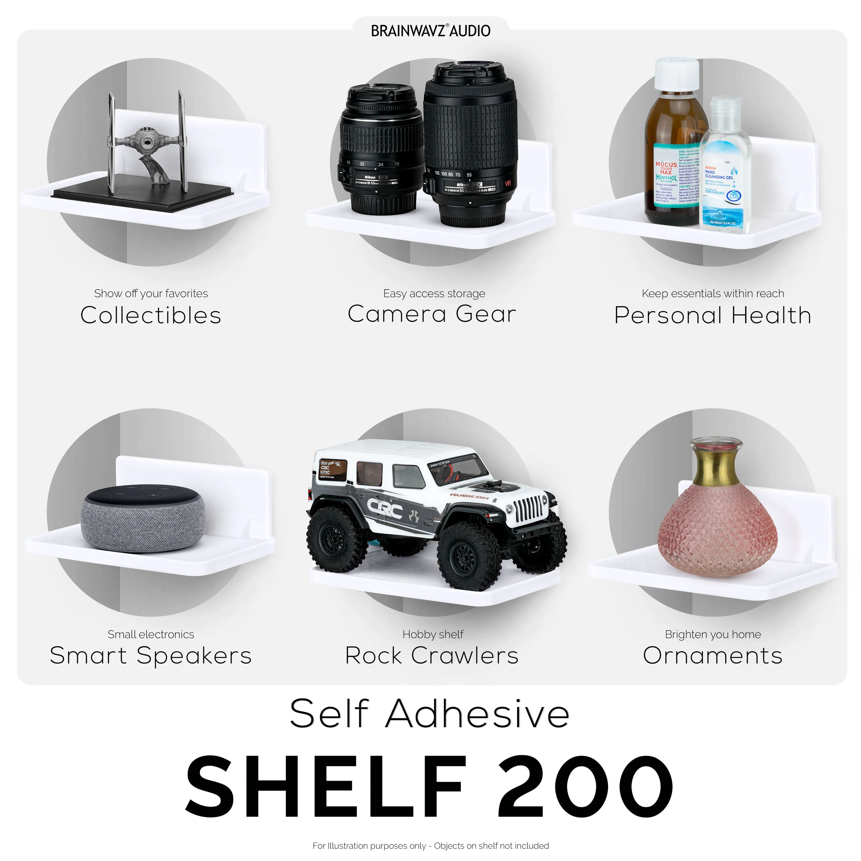 6.7" Wide Floating Adhesive Shelf (200) w/ Cable Access for Cameras, Baby Monitors, Plants & More (172mm x 105mm / 6.7 x 4.1)