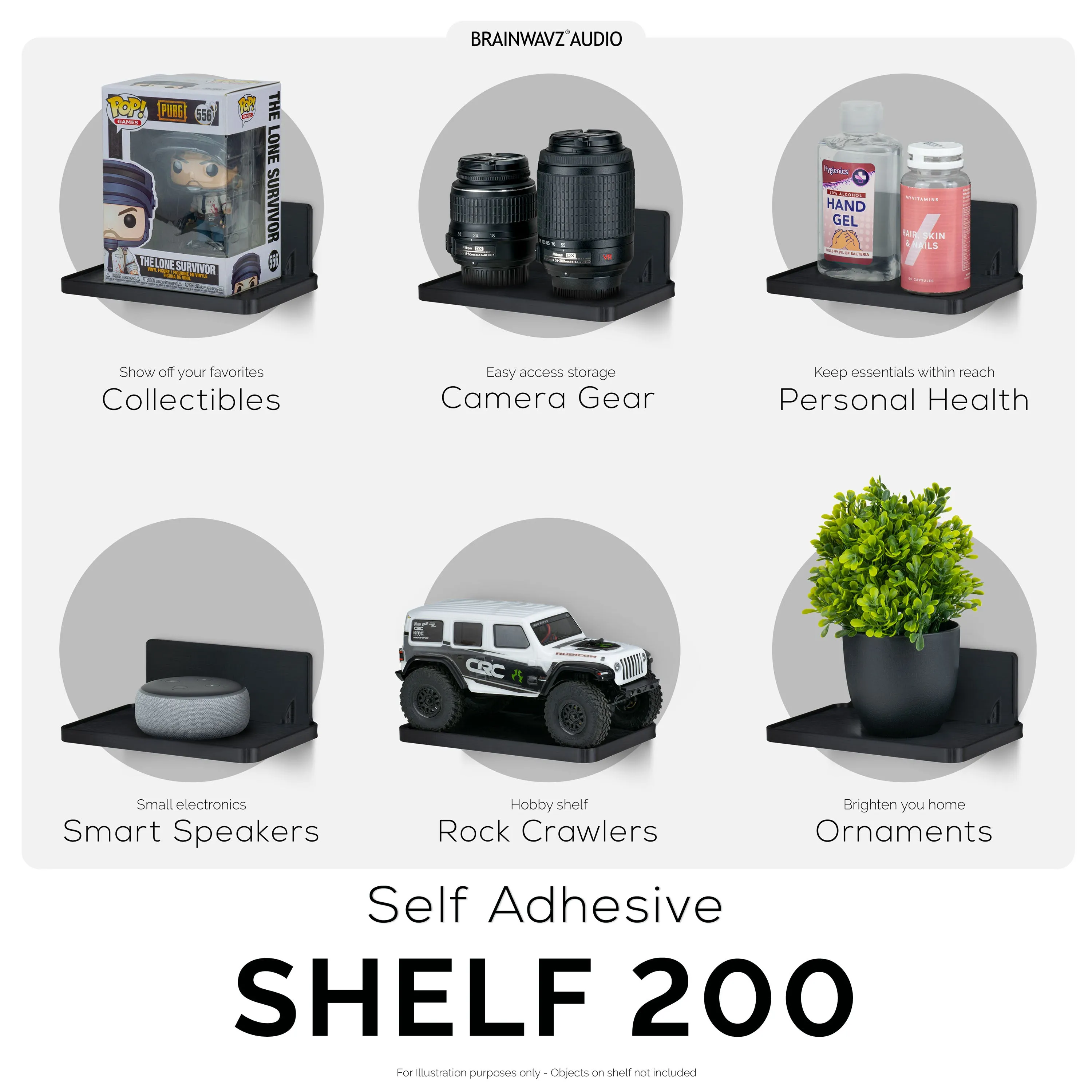 6.7" Wide Floating Adhesive Shelf (200) w/ Cable Access for Cameras, Baby Monitors, Plants & More (172mm x 105mm / 6.7 x 4.1)