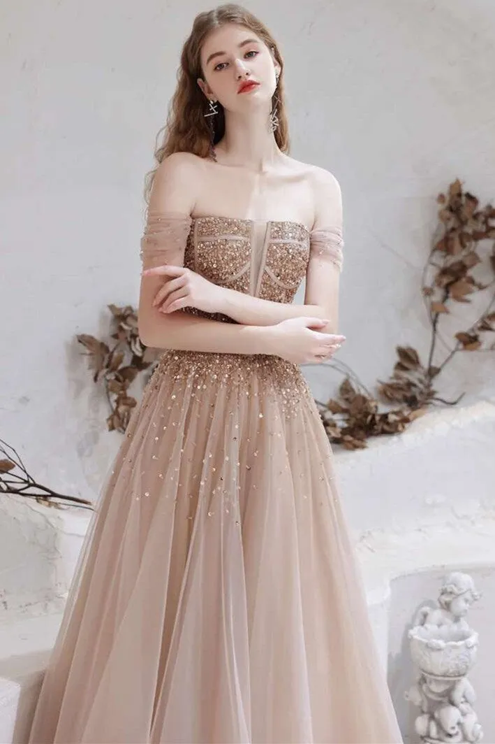 A-Line Champagne Tulle Off-the-Shoulder Prom Dress with Sequins