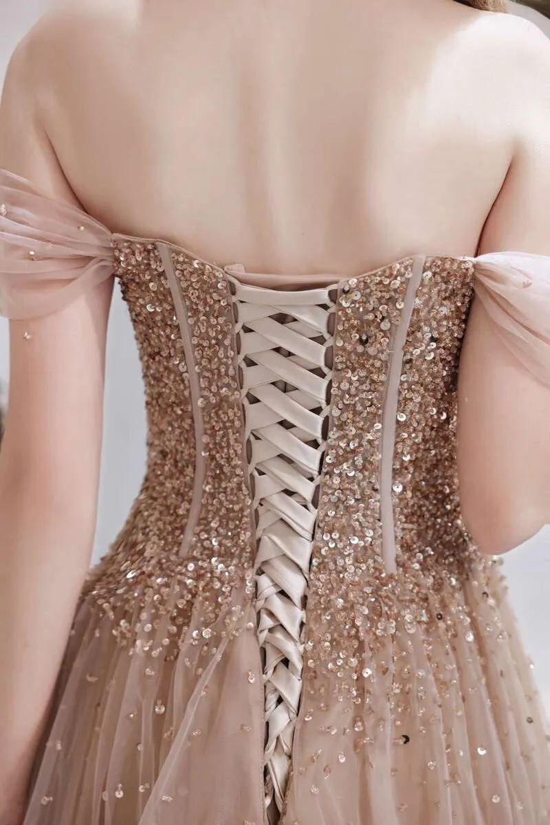 A-Line Champagne Tulle Off-the-Shoulder Prom Dress with Sequins