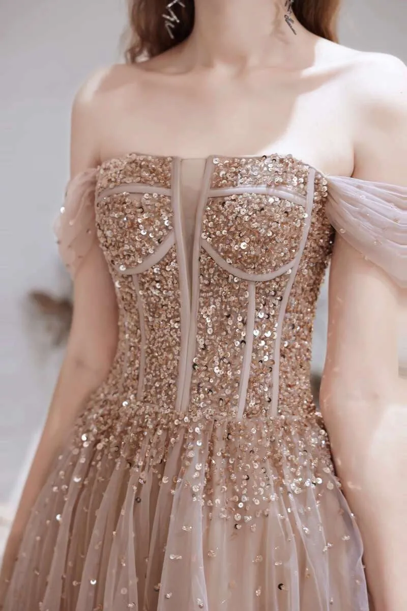 A-Line Champagne Tulle Off-the-Shoulder Prom Dress with Sequins