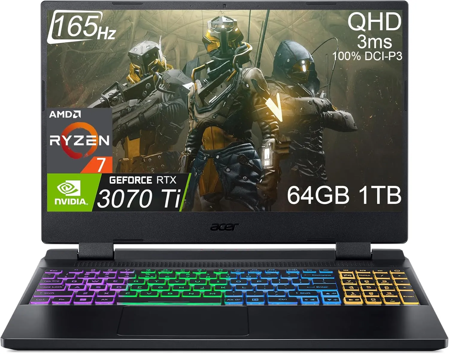 Acer Nitro 5 Gaming Laptop (15.6" QHD 165Hz, AMD 8-Core Ryzen 7 6800H (Beat i7-12650H), NVIDIA GeForce RTX 3070 Ti 8GB, 64GB DDR5 RAM, 1TB PCle SSD) RGB Backlit, Webcam, WiFi 6E, Win 11 Home, Black