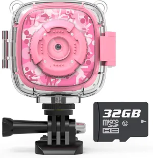 AKAMATE Kids Action Camera Waterproof Video Digital Children Cam 1080P HD Sports Camera Camcorder for Boys Girls, Build-in 4Games, 32GB SD Card (Pink)