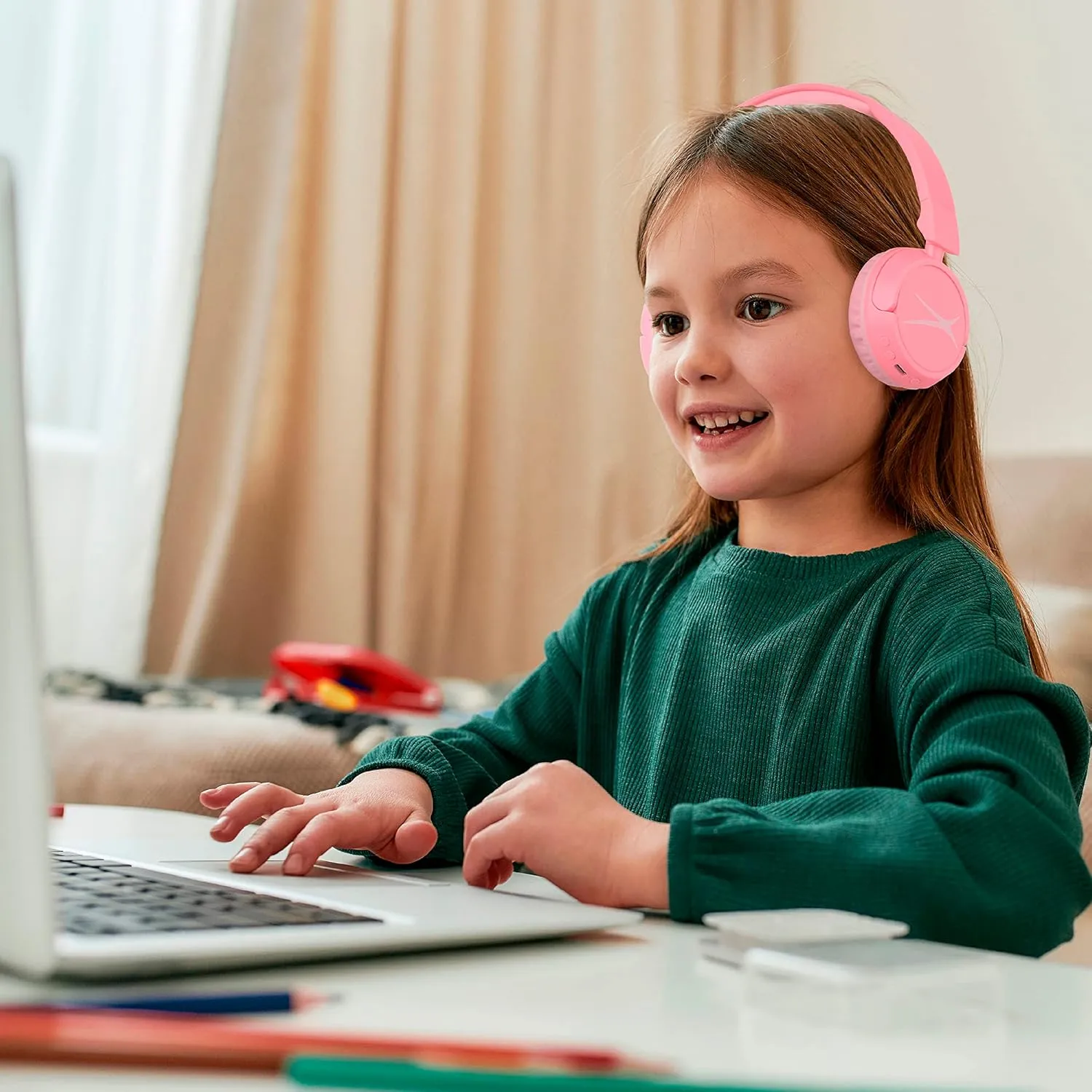 Altec Lansing Over The Ears Kids Headphones - Wired - Volume Limiting Technology for Developing Ears, Ages 6-9, Perfect for Learning from Home, Pink