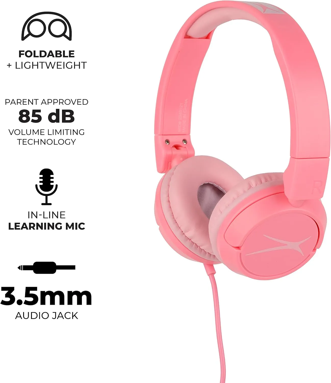 Altec Lansing Over The Ears Kids Headphones - Wired - Volume Limiting Technology for Developing Ears, Ages 6-9, Perfect for Learning from Home, Pink