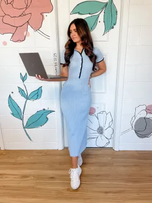 Baby Blue & Black Detail Midi Dress