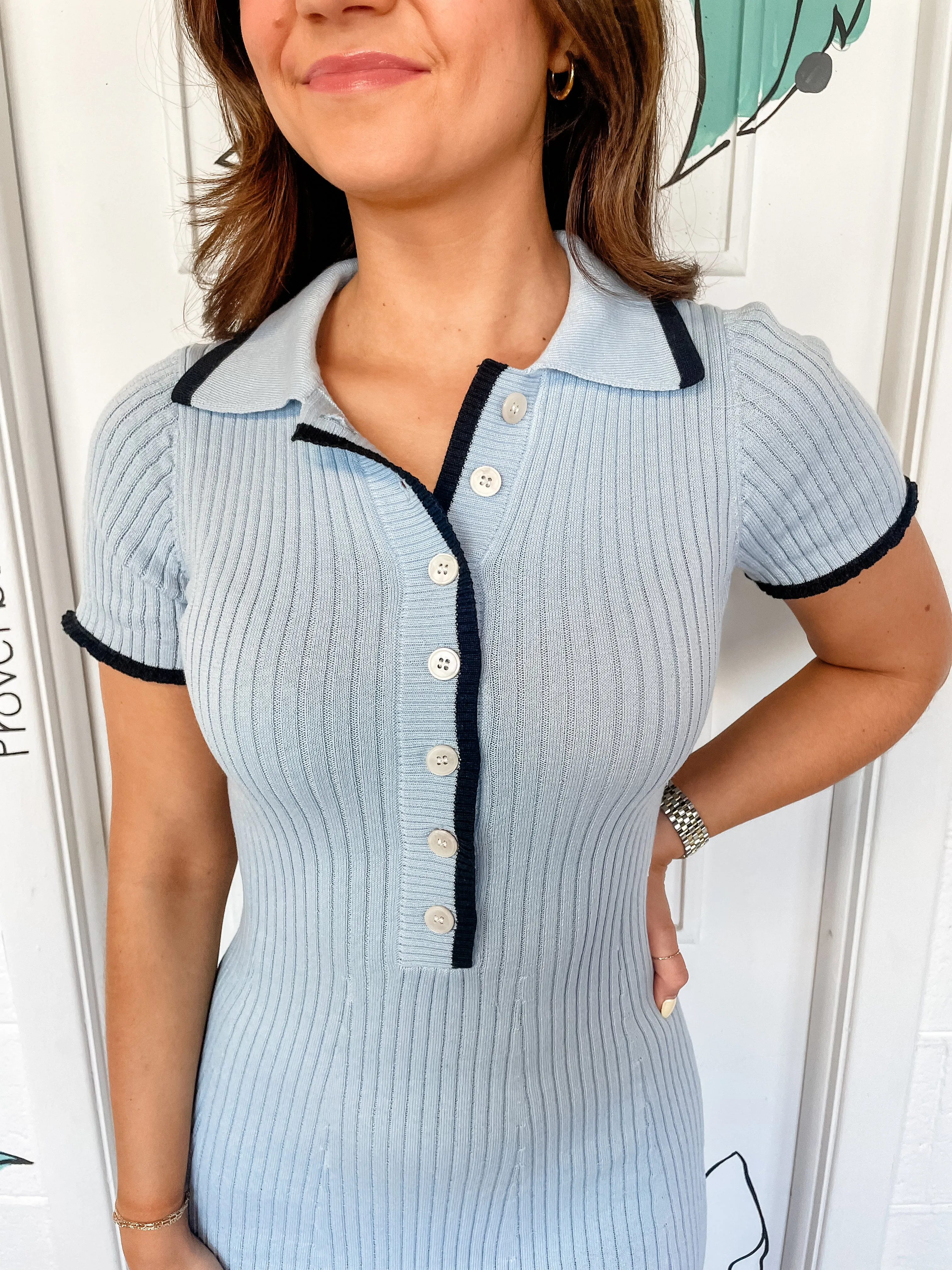 Baby Blue & Black Detail Midi Dress