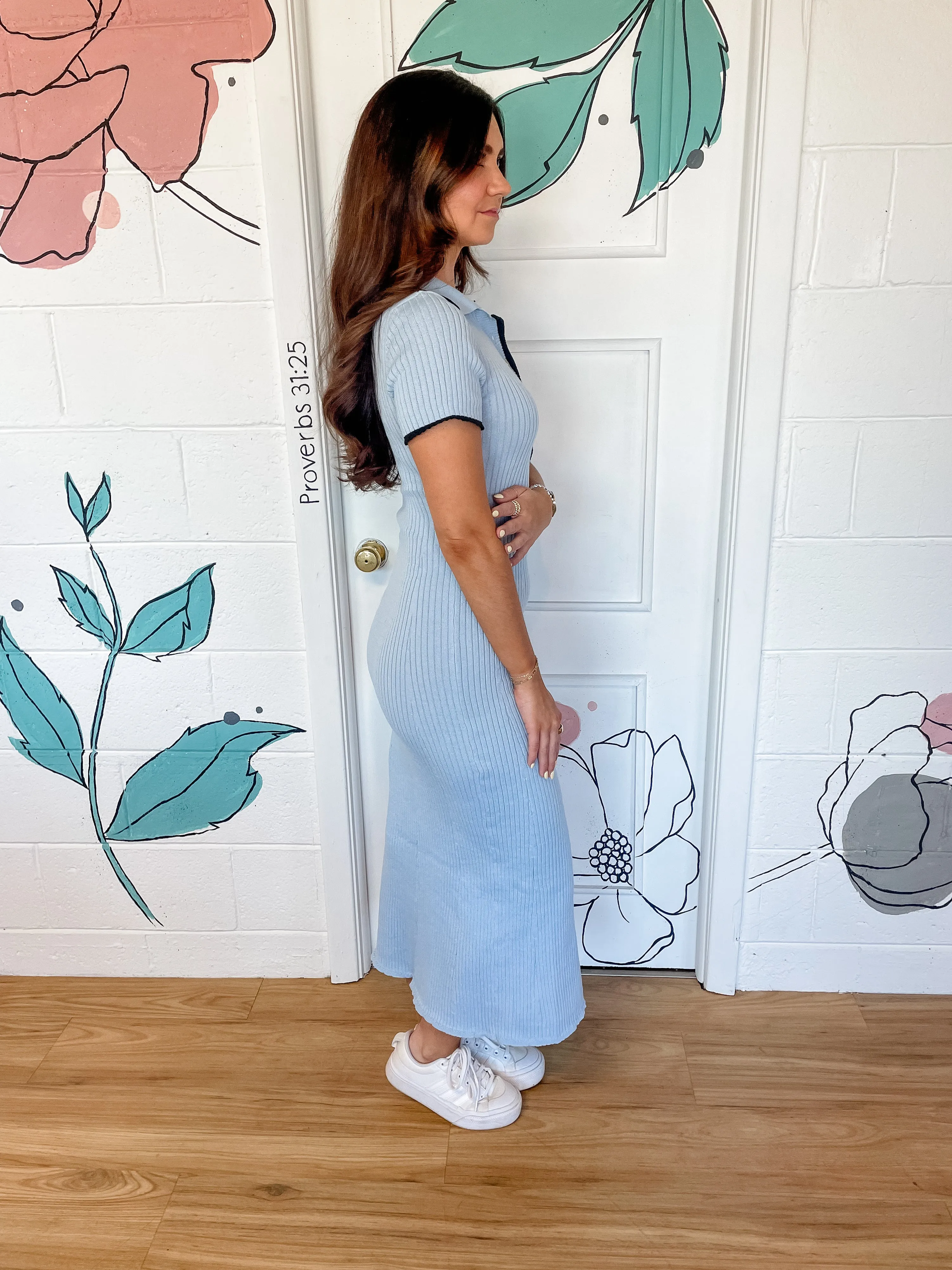 Baby Blue & Black Detail Midi Dress
