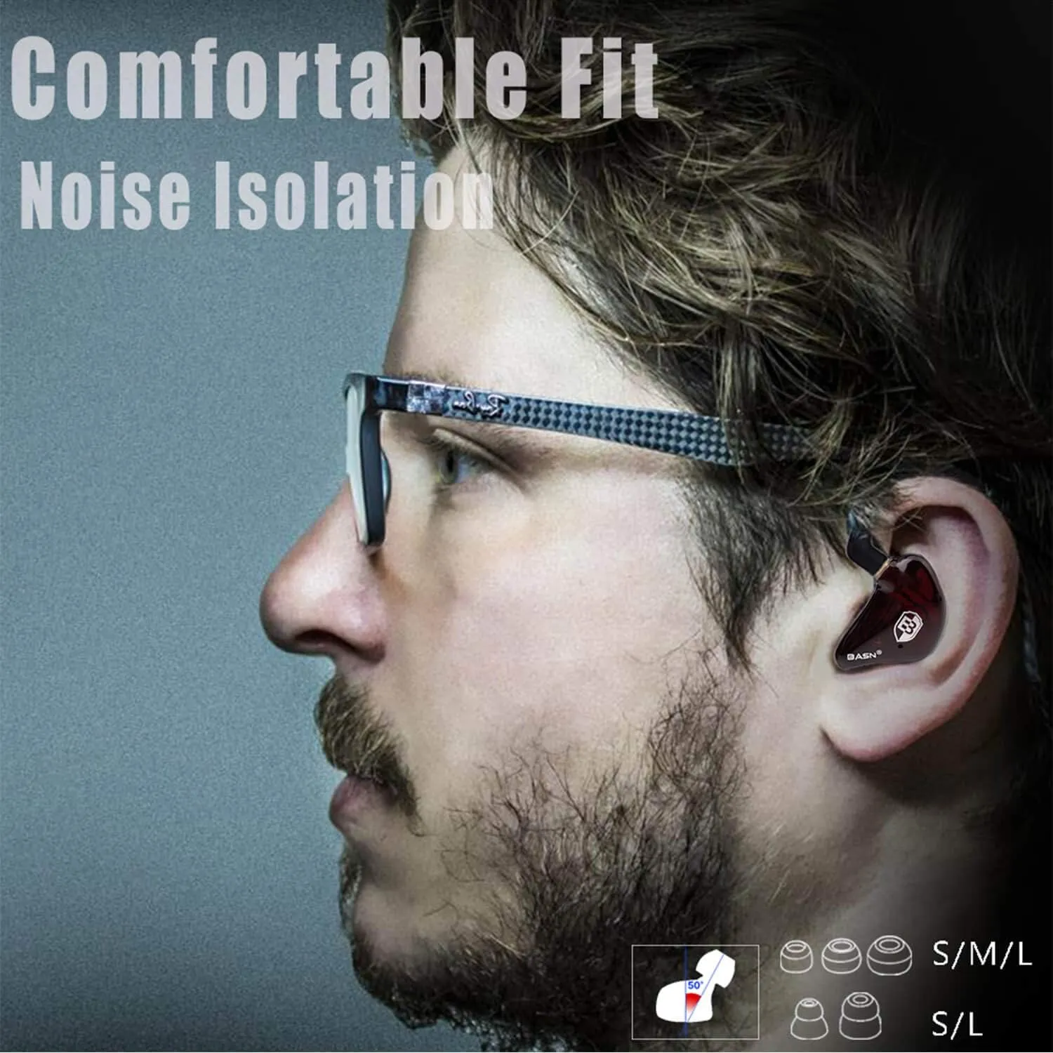 BASN High-Definition in Ear Monitor Headphones for Musicians with Detachable MMCX Earbuds; Dual Dynamic Drivers and Noise-Isolating (Red)