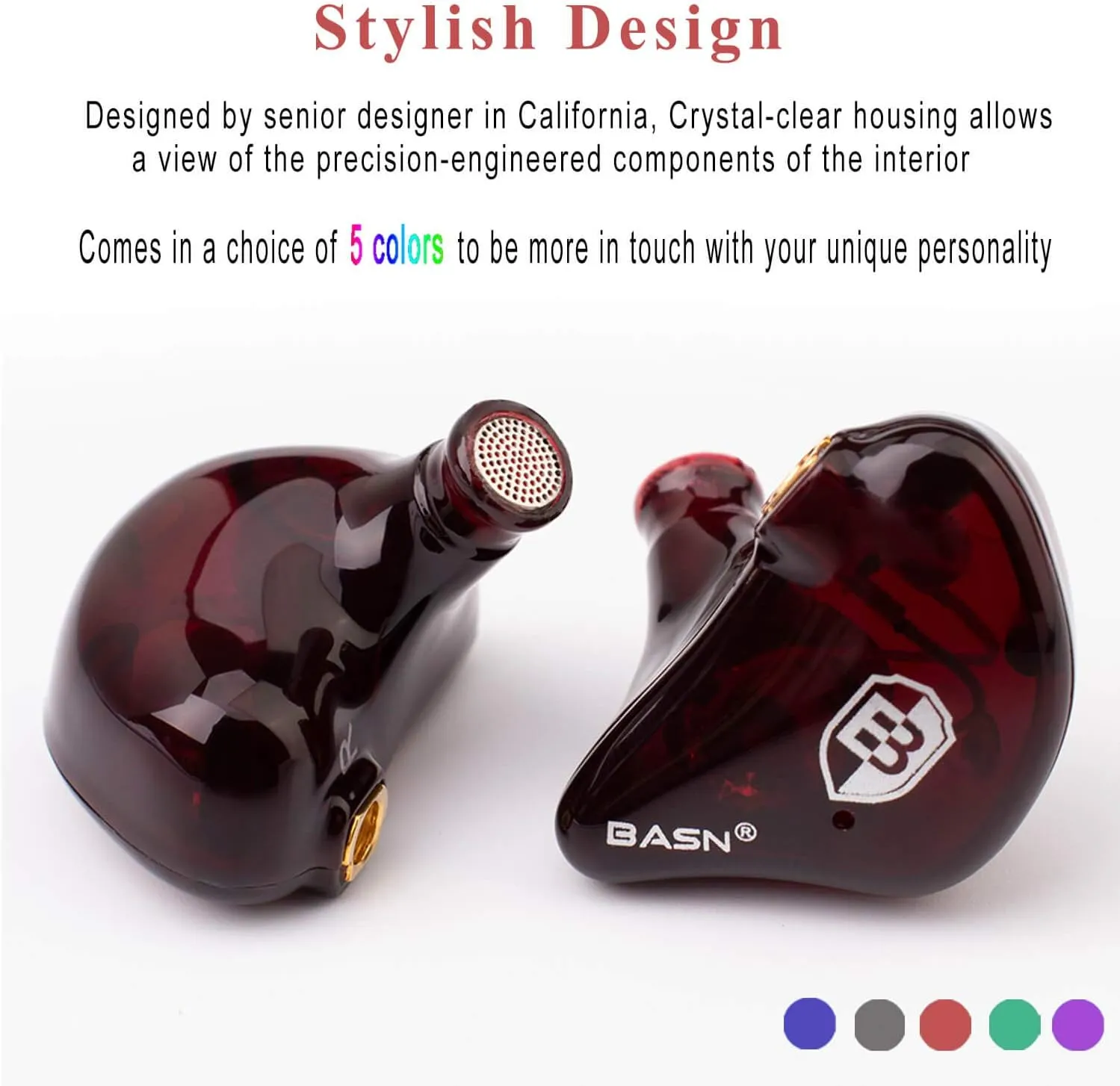 BASN High-Definition in Ear Monitor Headphones for Musicians with Detachable MMCX Earbuds; Dual Dynamic Drivers and Noise-Isolating (Red)