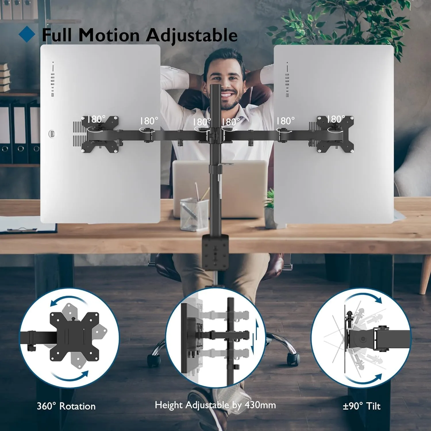 BONTEC Dual Monitor Desk Mount, Monitor Stand for 1327 Inch LCD LED 2 Monitors, Ergonomic Full Motion Heavy Duty Double Arms Hold up to 22 lbs, VESA 75x75/100x100 mm