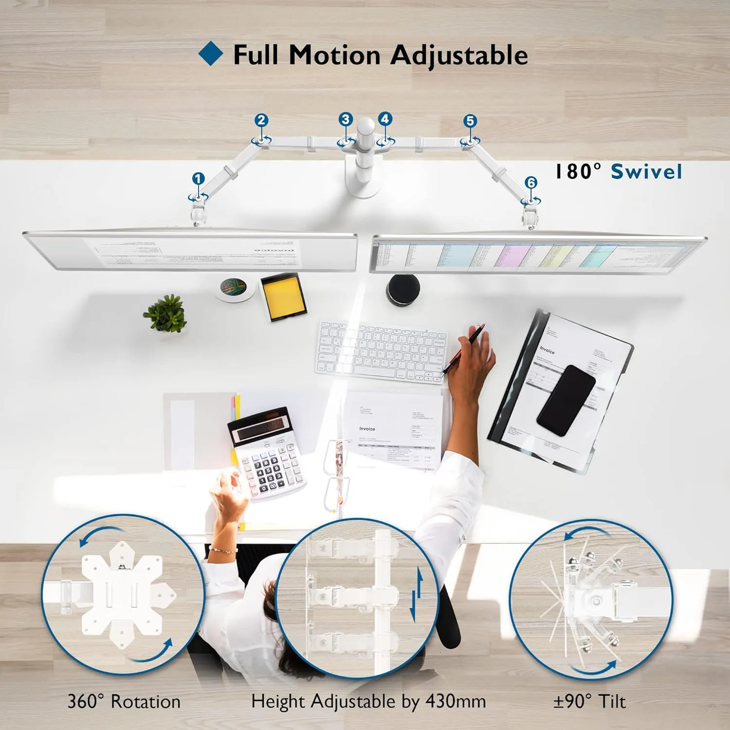 BONTEC Dual Monitor Stand White, Monitor Mount for 13-27 Inch LCD LED, Ergonomic Full Motion Heavy Duty Double Monitor Arms Hold up to 22 lbs, VESA 75x75/100x100 mm