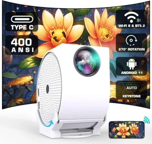 [Built-in Apps] Projector with WiFi and Bluetooth, Android Smart Projector 4K Support Portable Video Projector 270Adjustable, 400 ANSI Lumen, Auto Keystone & Focus, Outdoor Movie Projector (2025)