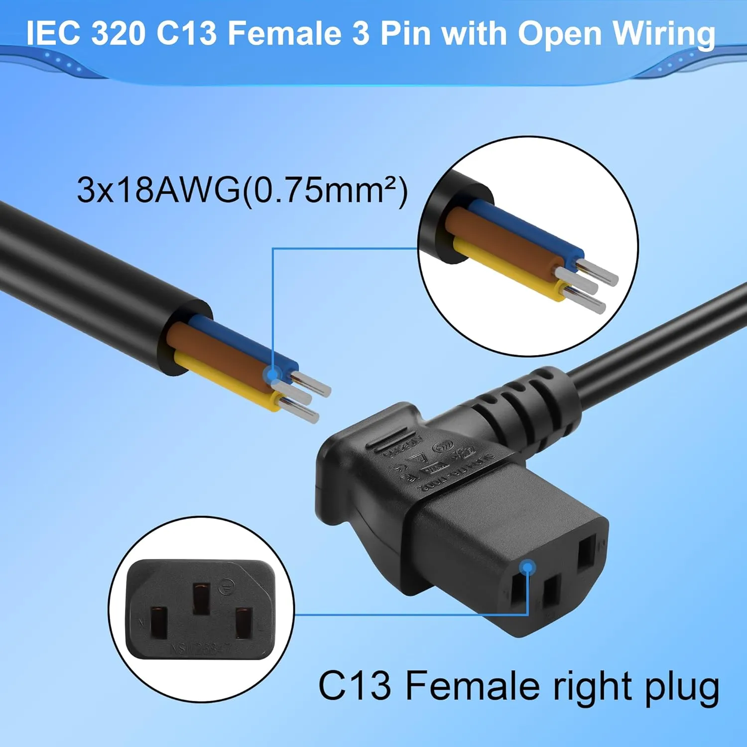 CERRXIAN 3.93FT IEC 320 C13 Female 3 Pin with Open Wiring Stripped, 18AWG C13 to Bare Wire Power Supply Heavy Duty Replacement Cable,Pigtail Open Cable (C13 Female - Right)