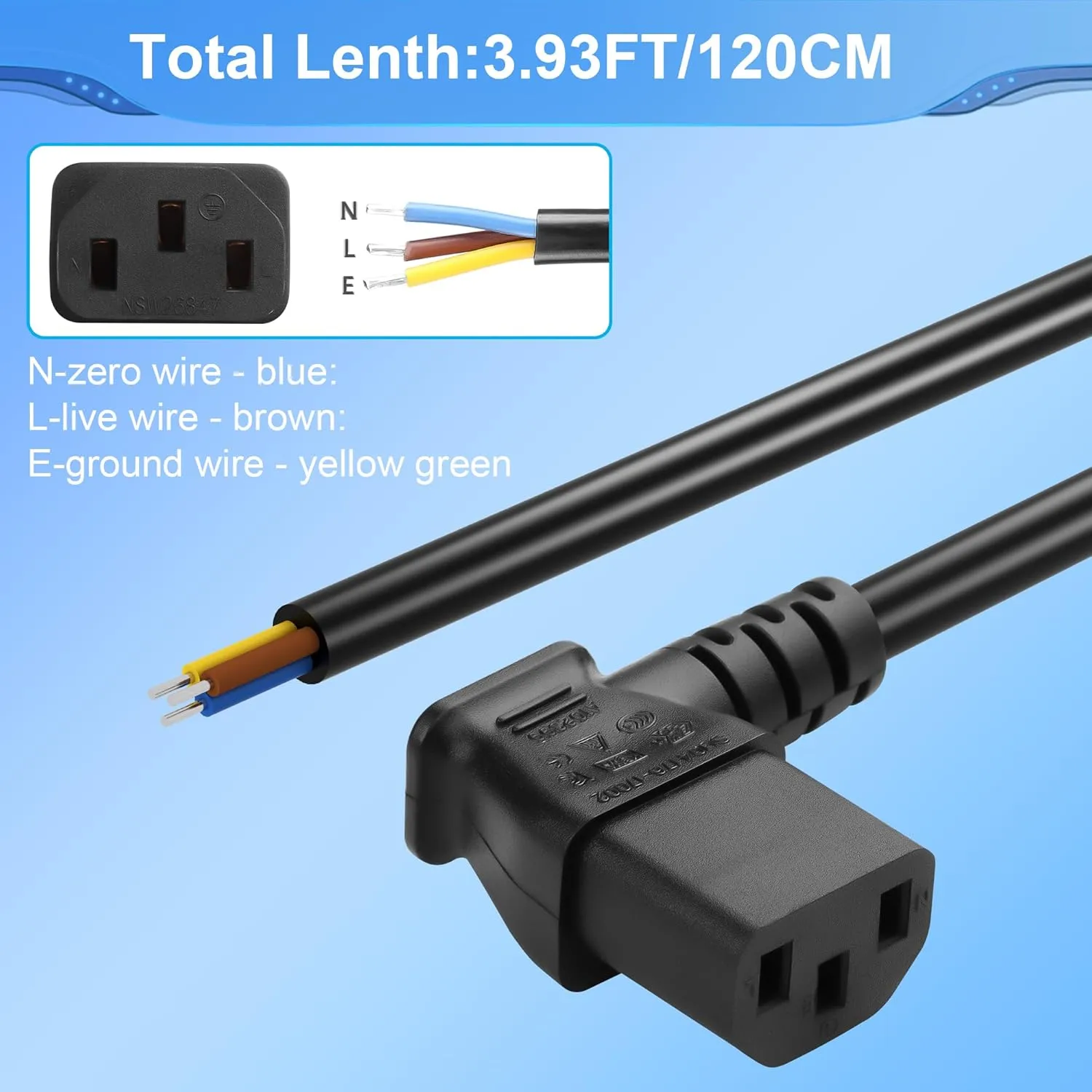 CERRXIAN 3.93FT IEC 320 C13 Female 3 Pin with Open Wiring Stripped, 18AWG C13 to Bare Wire Power Supply Heavy Duty Replacement Cable,Pigtail Open Cable (C13 Female - Right)