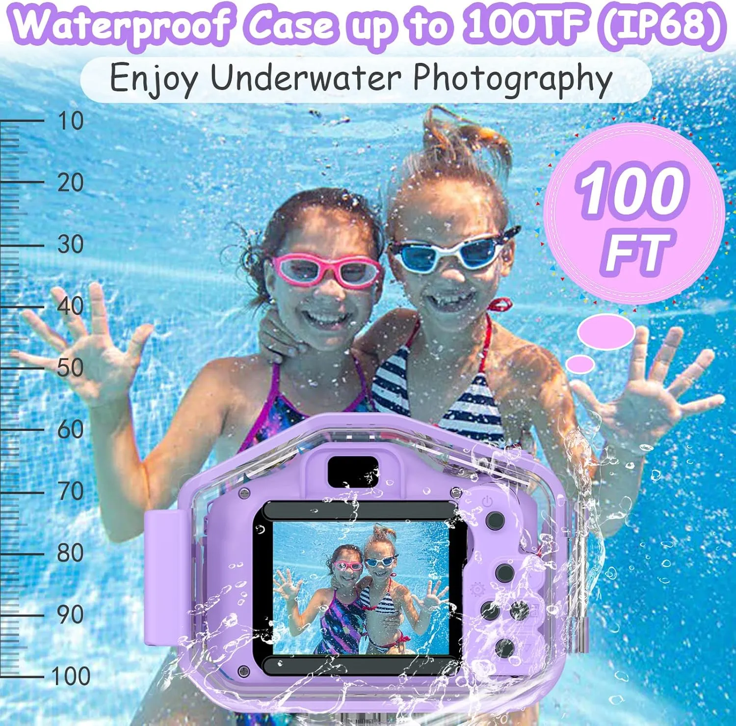 DEKER Kids Waterproof Camera, Christmas Birthday Gifts for Boys Girls Toys 3-12 Year Old, Underwater Mini Children HD Digital Action Camcorder, 2 Inch IPS Screen with 32GB Card (Lavender)