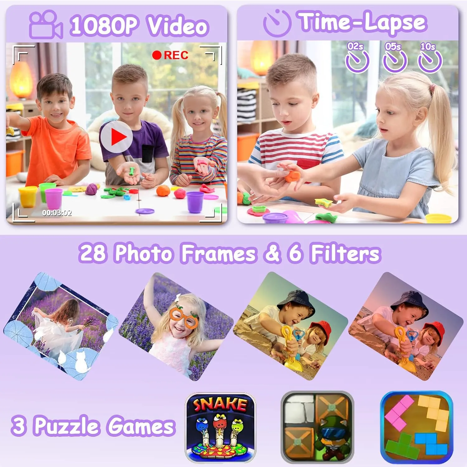 DEKER Kids Waterproof Camera, Christmas Birthday Gifts for Boys Girls Toys 3-12 Year Old, Underwater Mini Children HD Digital Action Camcorder, 2 Inch IPS Screen with 32GB Card (Lavender)