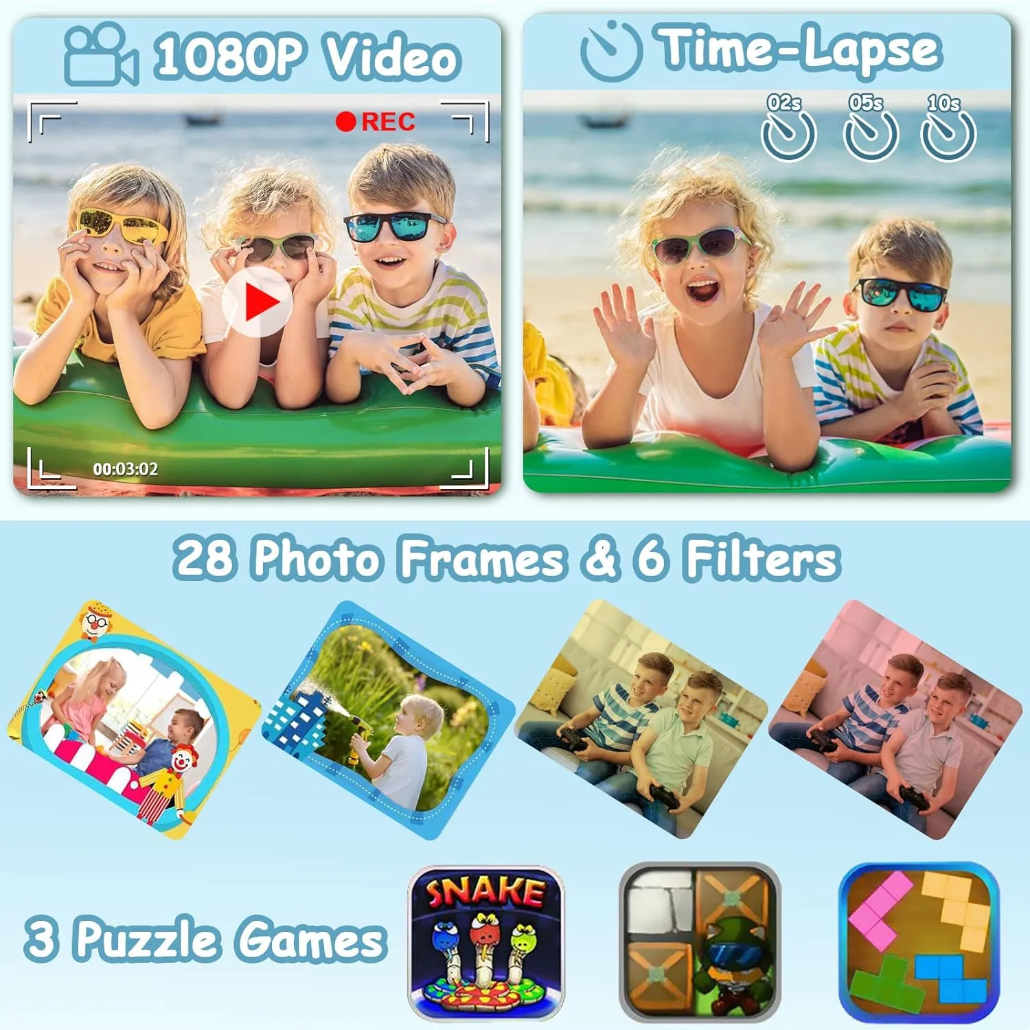 DEKER Kids Waterproof Camera for Boys, Christmas Birthday Gifts for Toys 3-12 Year Old, Mini Children Underwater Digital Action Camcorder (Light Blue)