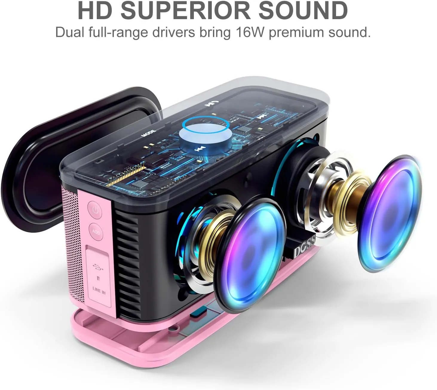 DOSS SoundBox Plus Bluetooth Speaker with Superior Sound, Bluetooth 5.0, Wireless Stereo Pairing, Built-in Mic, 20H Playtime, Portable for Hking, Beach, Camping. Outdoor, Home - Pink