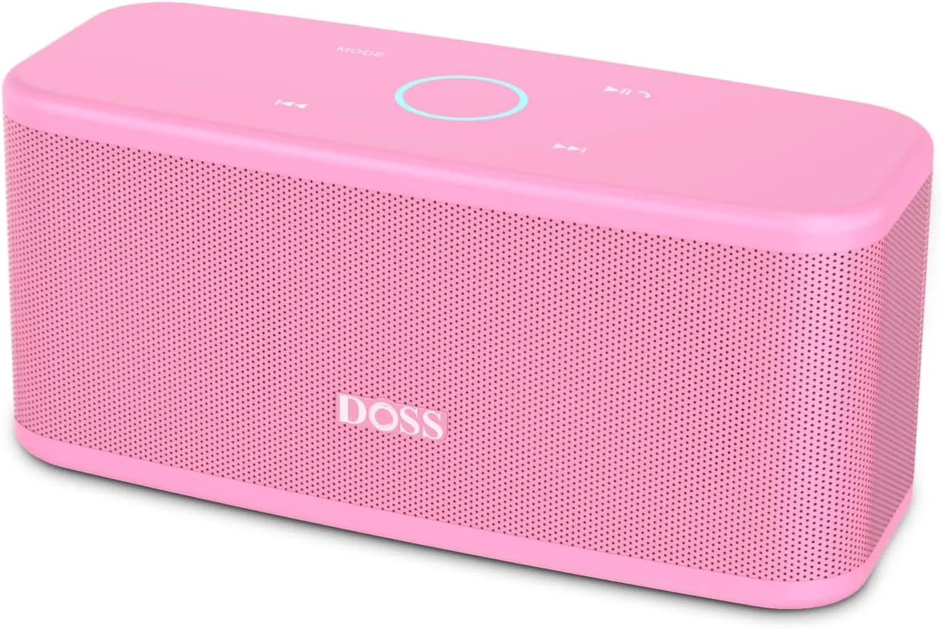 DOSS SoundBox Plus Bluetooth Speaker with Superior Sound, Bluetooth 5.0, Wireless Stereo Pairing, Built-in Mic, 20H Playtime, Portable for Hking, Beach, Camping. Outdoor, Home - Pink
