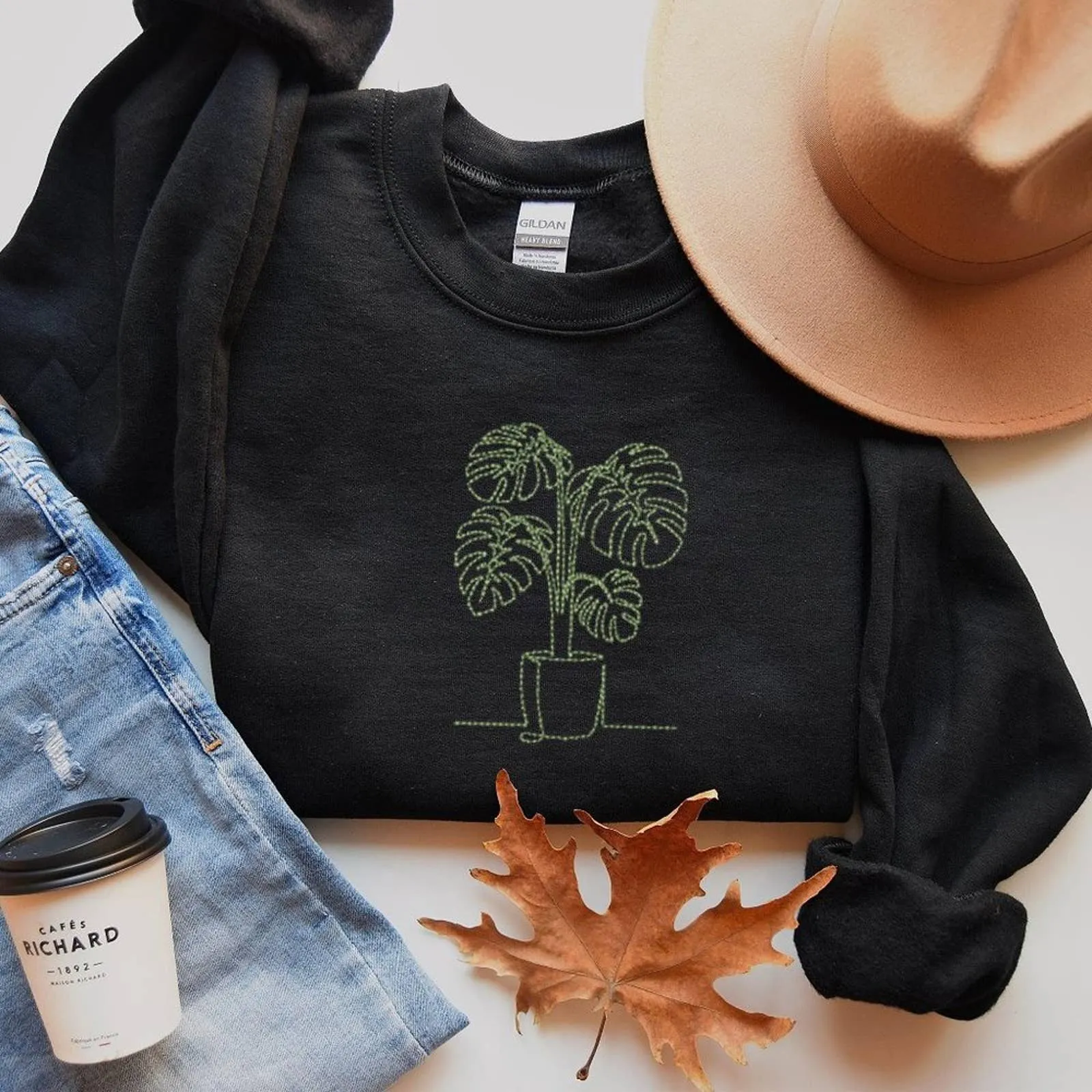 Embroidered Monstera Plant Sweatshirt, Embroidery Houseplant Monstera Sweatshirt