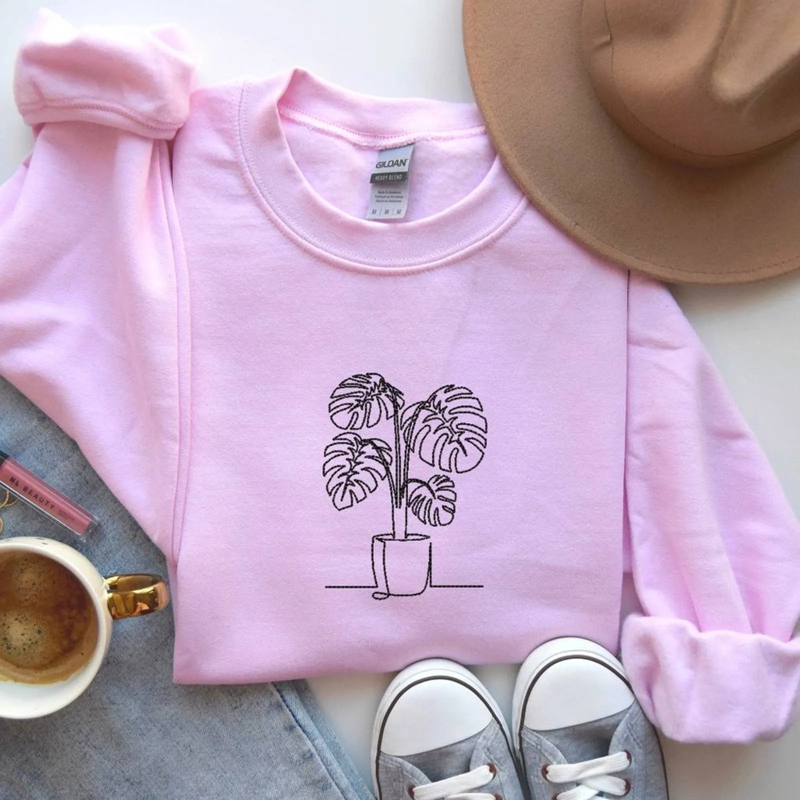 Embroidered Monstera Plant Sweatshirt, Embroidery Houseplant Monstera Sweatshirt