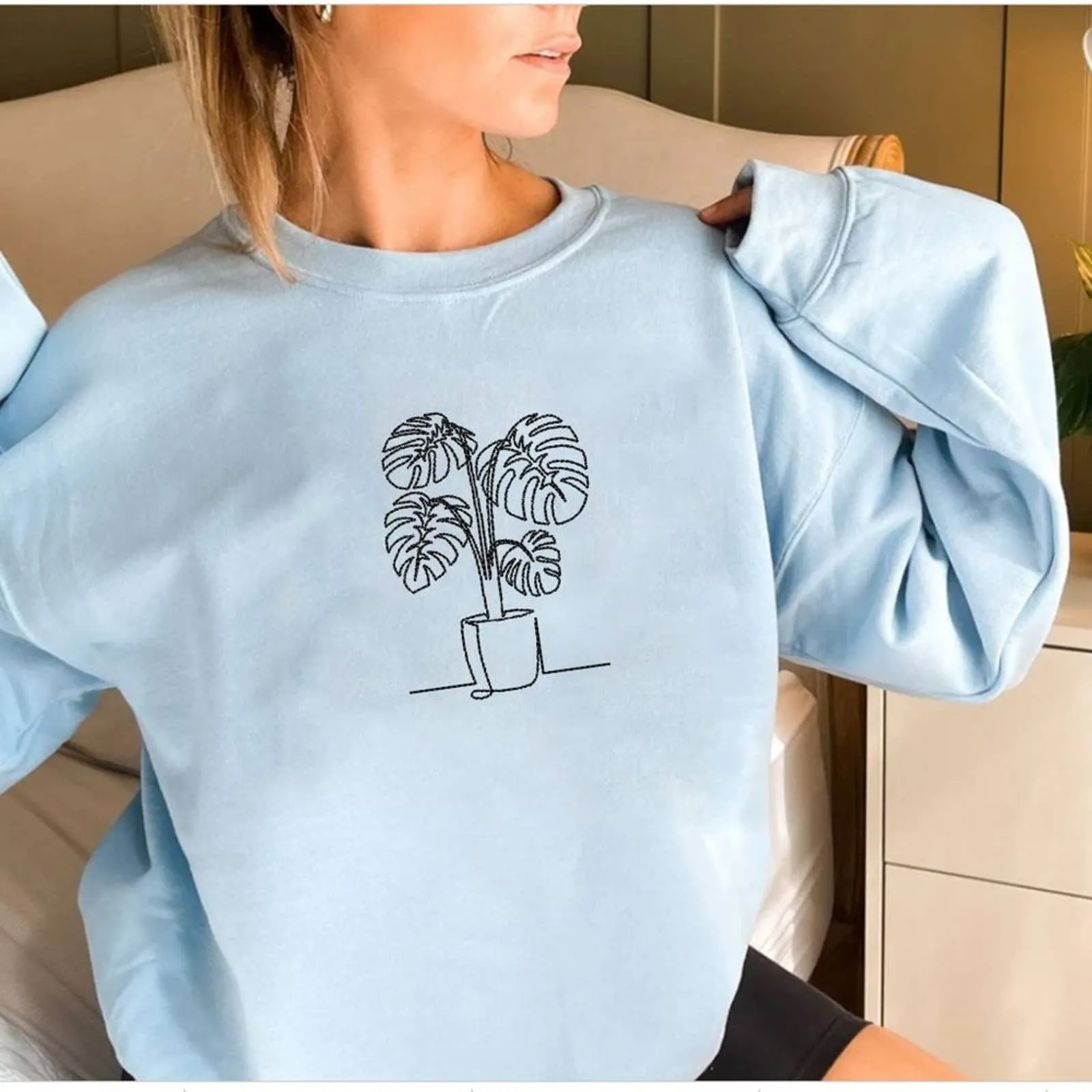 Embroidered Monstera Plant Sweatshirt, Embroidery Houseplant Monstera Sweatshirt