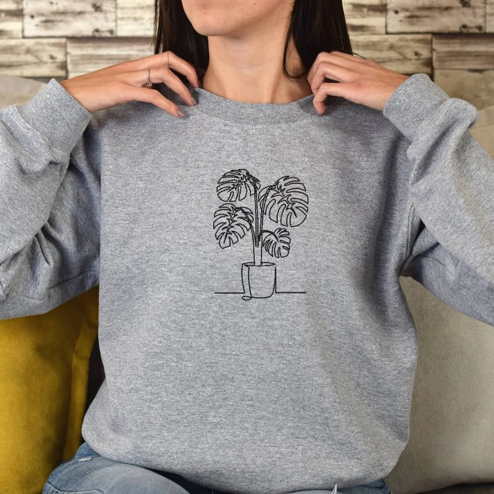 Embroidered Monstera Plant Sweatshirt, Embroidery Houseplant Monstera Sweatshirt