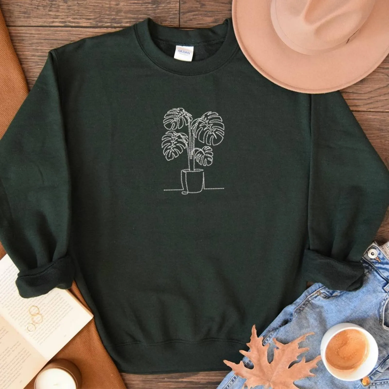 Embroidered Monstera Plant Sweatshirt, Embroidery Houseplant Monstera Sweatshirt