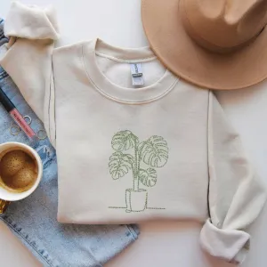 Embroidered Monstera Plant Sweatshirt, Embroidery Houseplant Monstera Sweatshirt