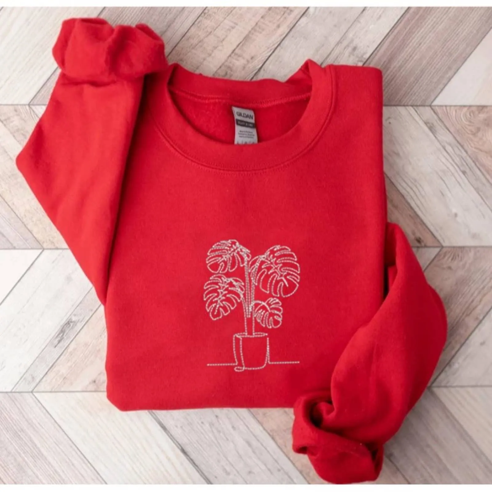 Embroidered Monstera Plant Sweatshirt, Embroidery Houseplant Monstera Sweatshirt