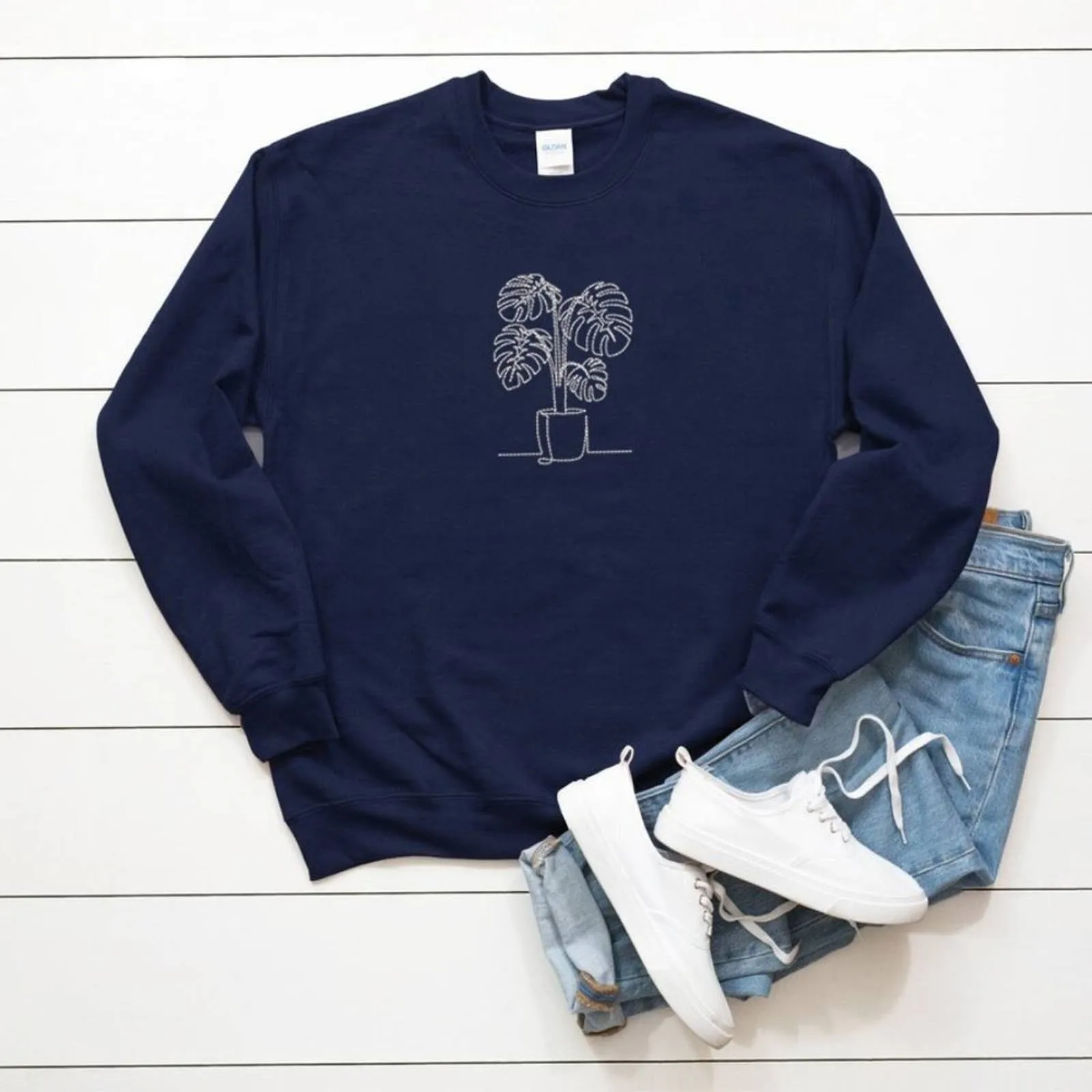 Embroidered Monstera Plant Sweatshirt, Embroidery Houseplant Monstera Sweatshirt