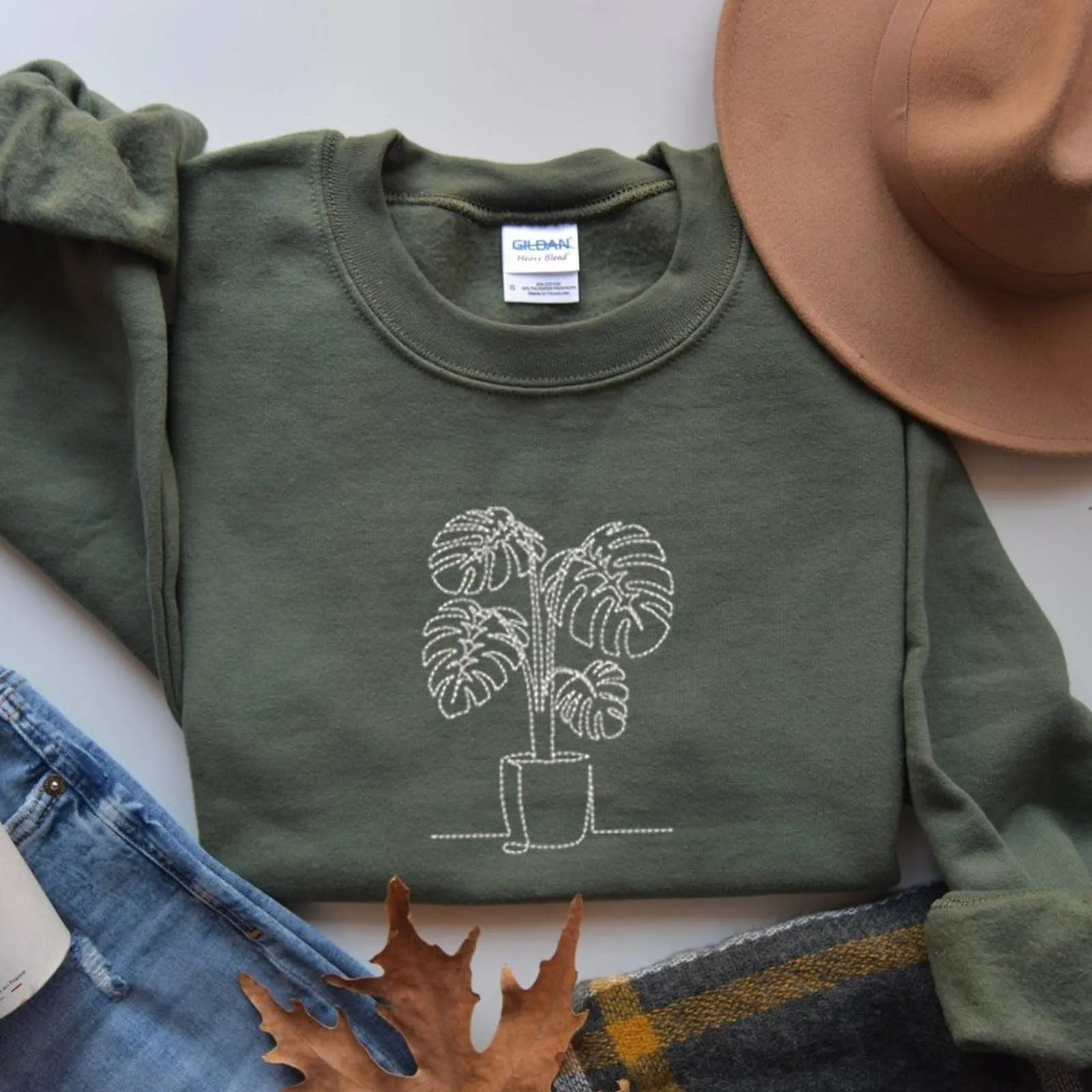 Embroidered Monstera Plant Sweatshirt, Embroidery Houseplant Monstera Sweatshirt